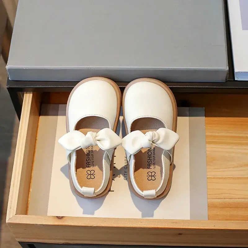 Girls Leather Shoes 2025 Spring Autumn New Baby Girls Bow Fashion Princess Kids Shoes Korean Style Little Children Mary Janes PU