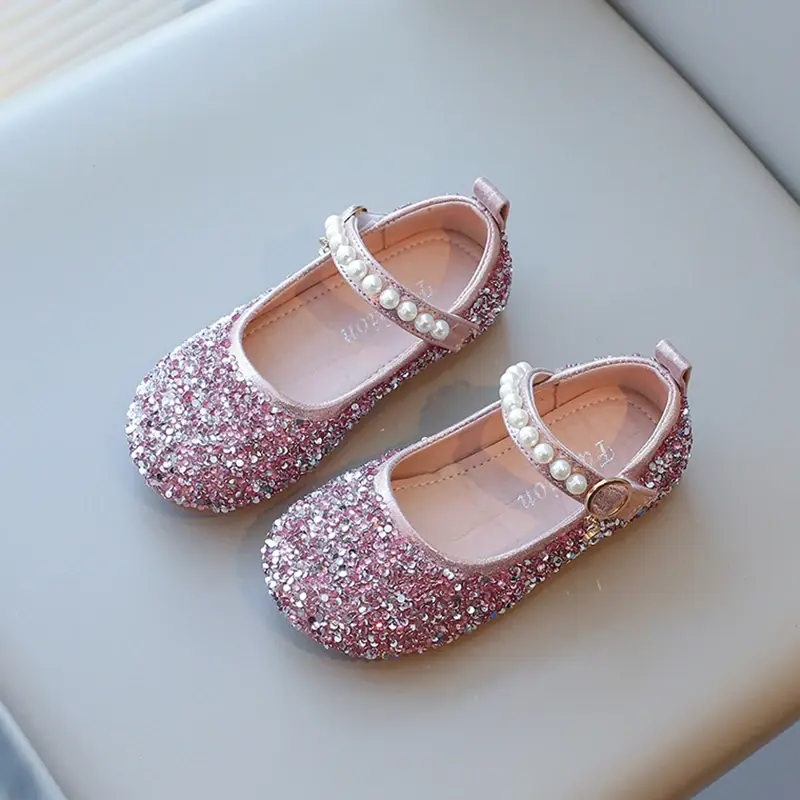 Kids Leather Shoes for Girls Glitter Rhinestone Children Crystal Shoes Girls Dress Flats for Wedding Party Pearls Beading Bling