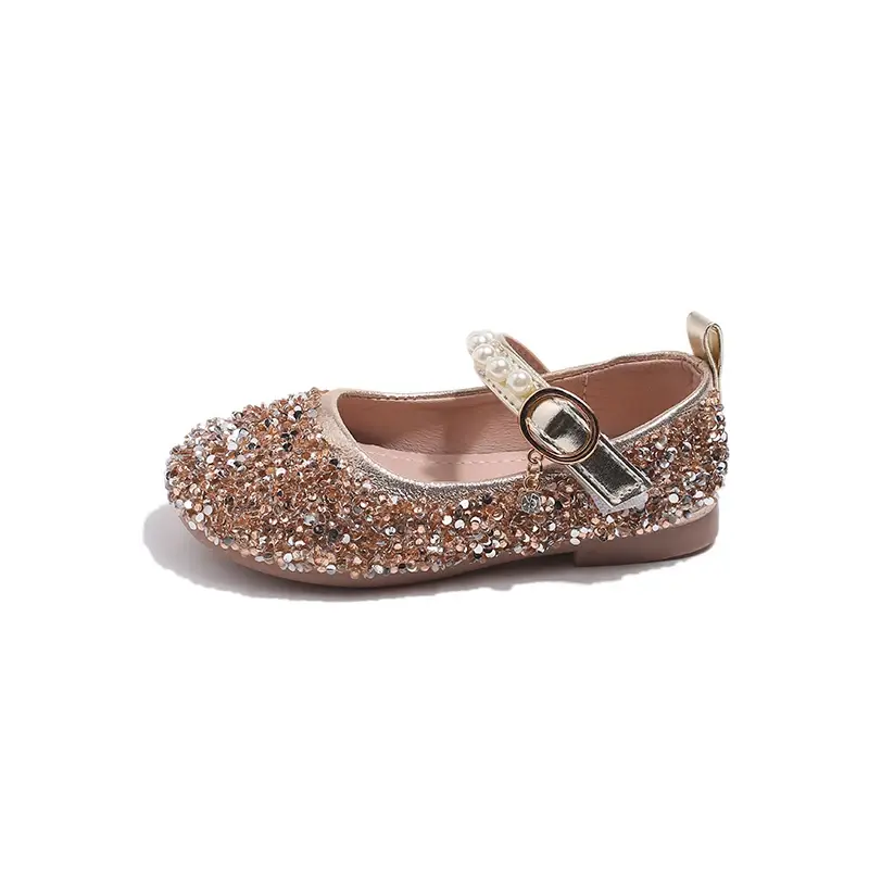 Kids Leather Shoes for Girls Glitter Rhinestone Children Crystal Shoes Girls Dress Flats for Wedding Party Pearls Beading Bling