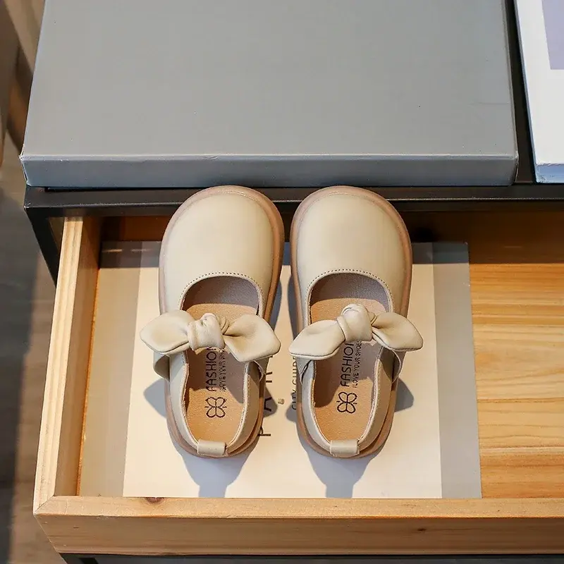 Girls Leather Shoes 2025 Spring Autumn New Baby Girls Bow Fashion Princess Kids Shoes Korean Style Little Children Mary Janes PU