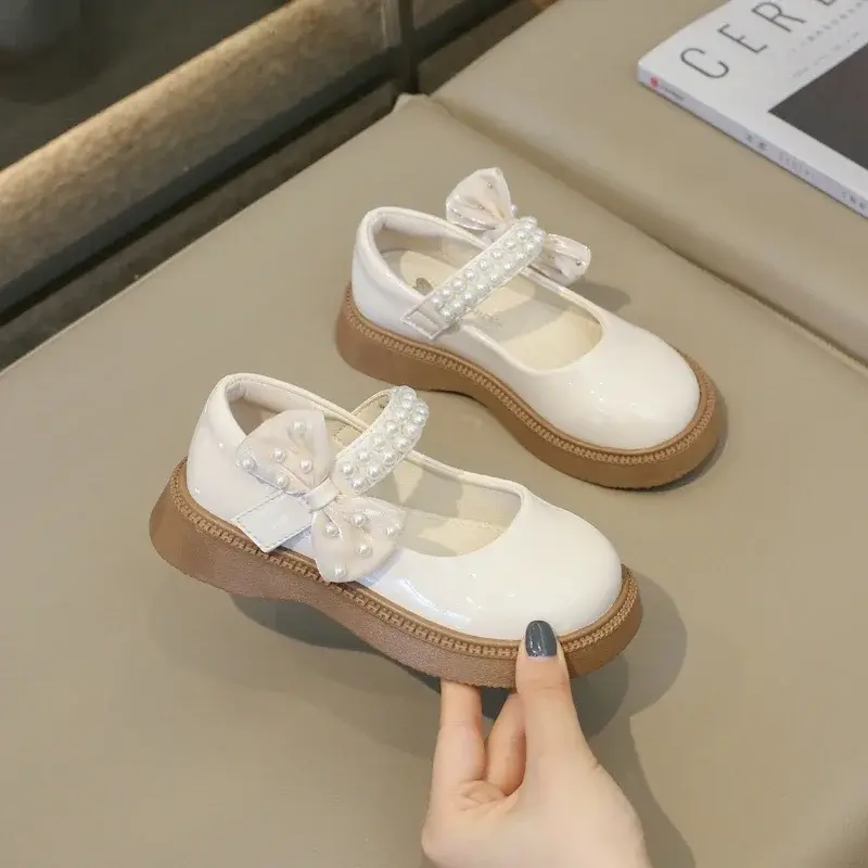 Girls Leather Shoes Glossy Pearls 2024 New Soft Round-toe Simple Non-slip Children Fashion Versatile Soft Princess Shoes Flats