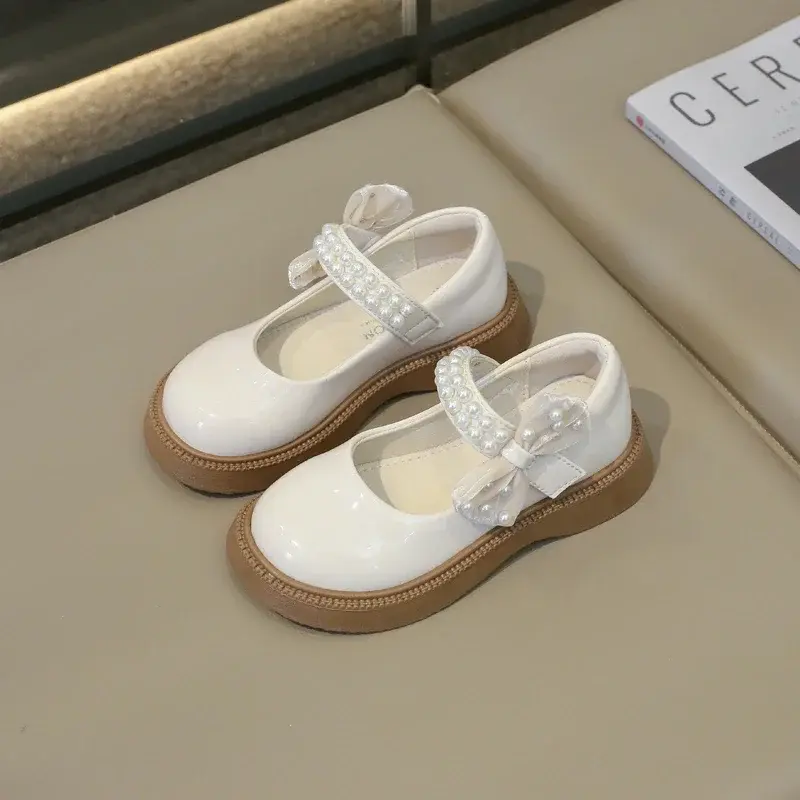 Girls Leather Shoes Glossy Pearls 2024 New Soft Round-toe Simple Non-slip Children Fashion Versatile Soft Princess Shoes Flats