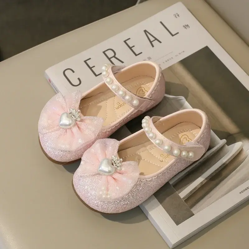 Spring Sweet Girl Princess Shoes Elegant Lace Bowknot Children's Leather Shoes Fashion Sequins Love Crown Kids Mary Jane Shoes