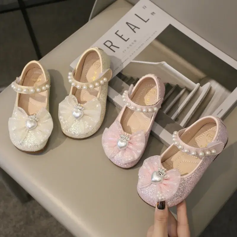 Spring Sweet Girl Princess Shoes Elegant Lace Bowknot Children's Leather Shoes Fashion Sequins Love Crown Kids Mary Jane Shoes