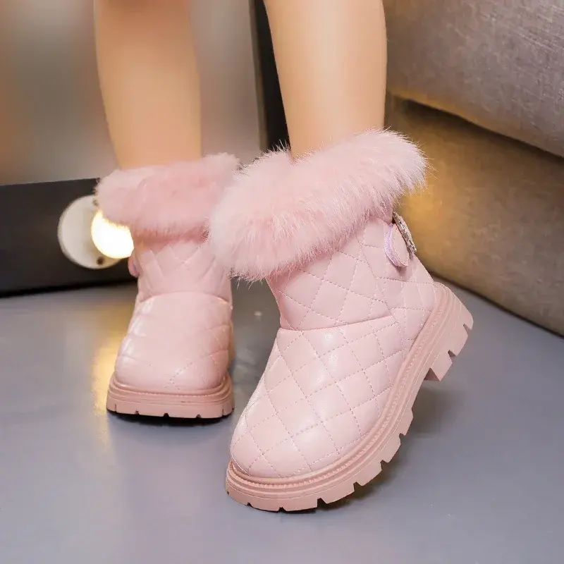 2025 New Girls Leather Shoes PU Warm Plush Solid Color Kids Short Boots Rhinestones Versatile Non-slip Children Casual Boots PU