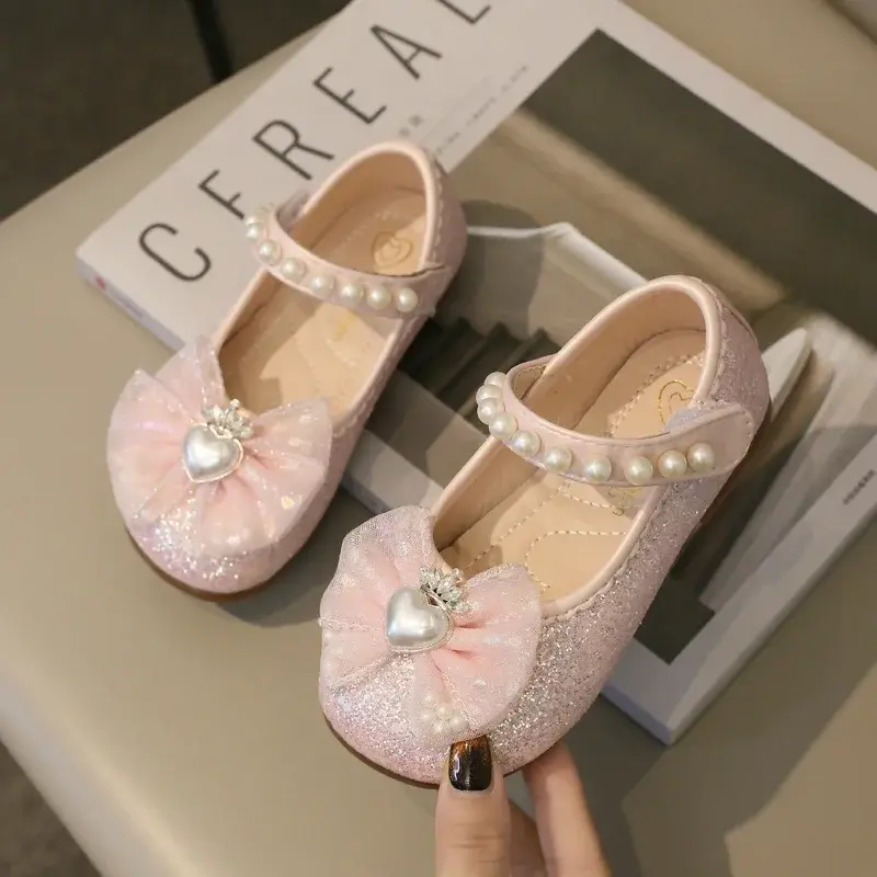Spring Sweet Girl Princess Shoes Elegant Lace Bowknot Children's Leather Shoes Fashion Sequins Love Crown Kids Mary Jane Shoes