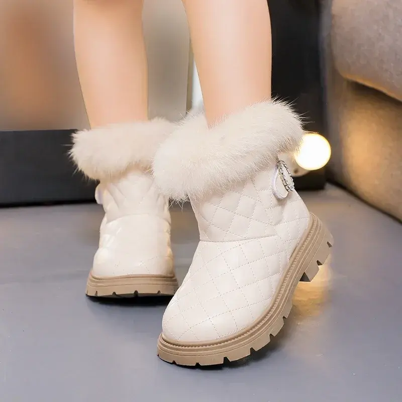 2025 New Girls Leather Shoes PU Warm Plush Solid Color Kids Short Boots Rhinestones Versatile Non-slip Children Casual Boots PU