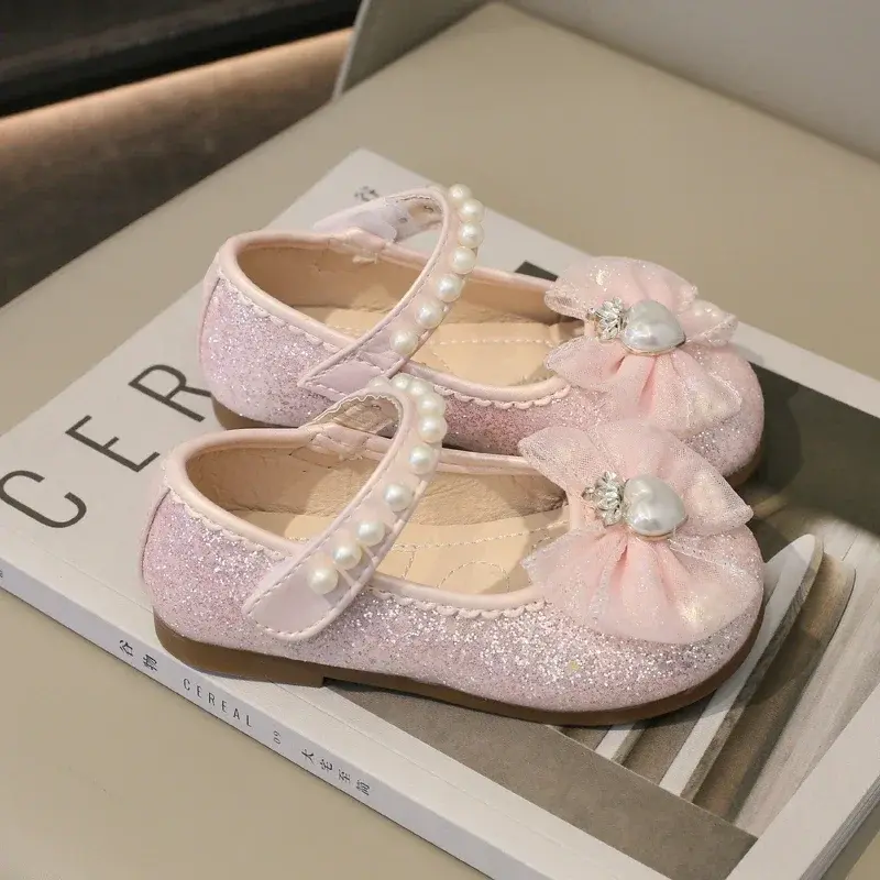 Spring Sweet Girl Princess Shoes Elegant Lace Bowknot Children's Leather Shoes Fashion Sequins Love Crown Kids Mary Jane Shoes