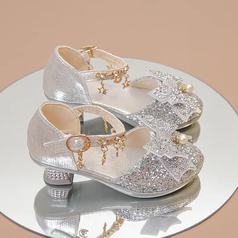 Girls Leather Shoes High Heeled for Wedding Party Glitter Rhinestone with Bow-knot Kids Dress High Heels Pendant Bling Sparkling