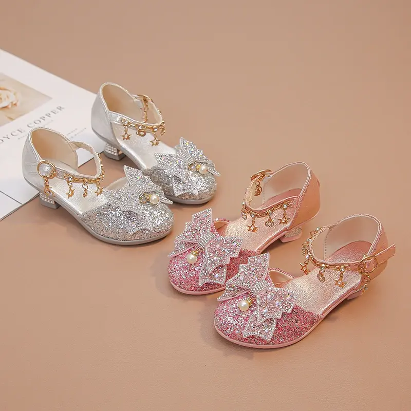 Girls Leather Shoes High Heeled for Wedding Party Glitter Rhinestone with Bow-knot Kids Dress High Heels Pendant Bling Sparkling