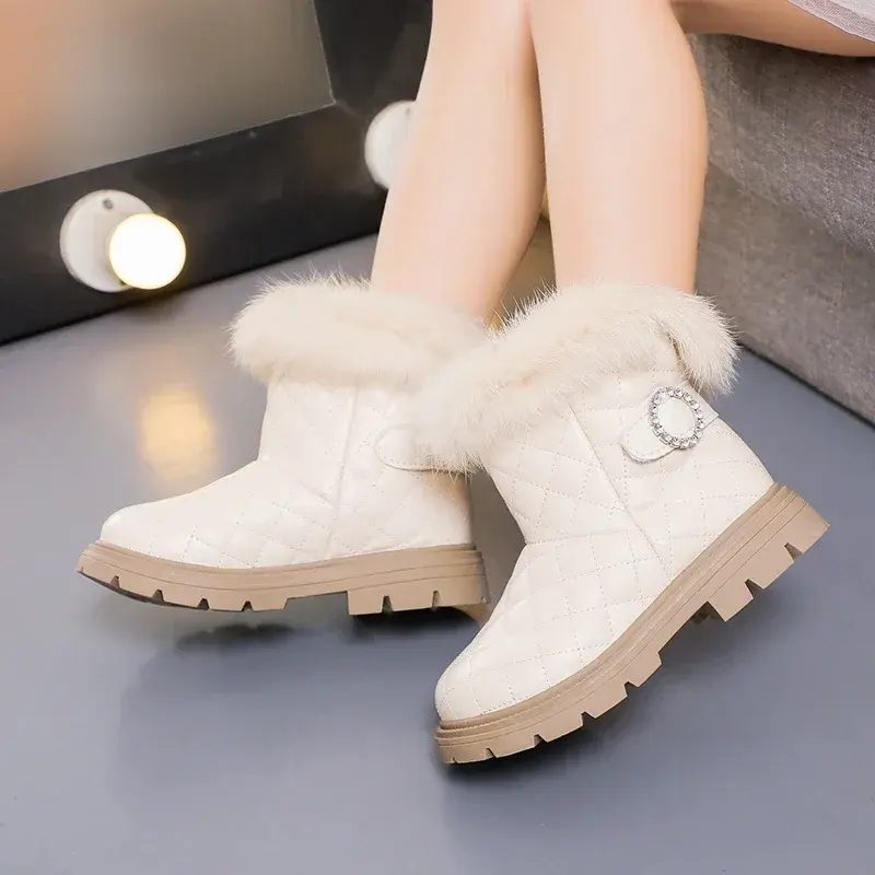 2025 New Girls Leather Shoes PU Warm Plush Solid Color Kids Short Boots Rhinestones Versatile Non-slip Children Casual Boots PU