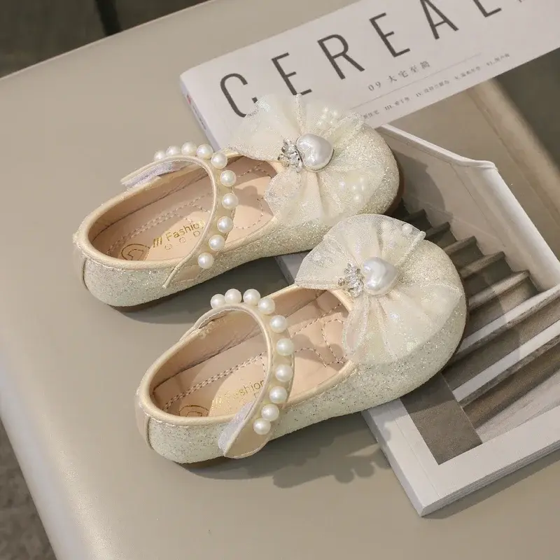 Spring Sweet Girl Princess Shoes Elegant Lace Bowknot Children's Leather Shoes Fashion Sequins Love Crown Kids Mary Jane Shoes