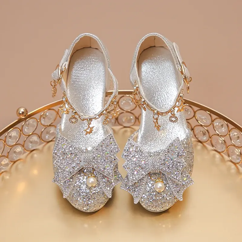 Girls Leather Shoes High Heeled for Wedding Party Glitter Rhinestone with Bow-knot Kids Dress High Heels Pendant Bling Sparkling