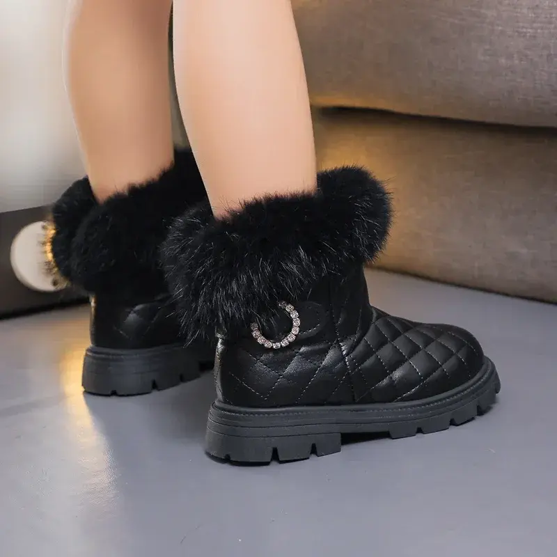 2025 New Girls Leather Shoes PU Warm Plush Solid Color Kids Short Boots Rhinestones Versatile Non-slip Children Casual Boots PU