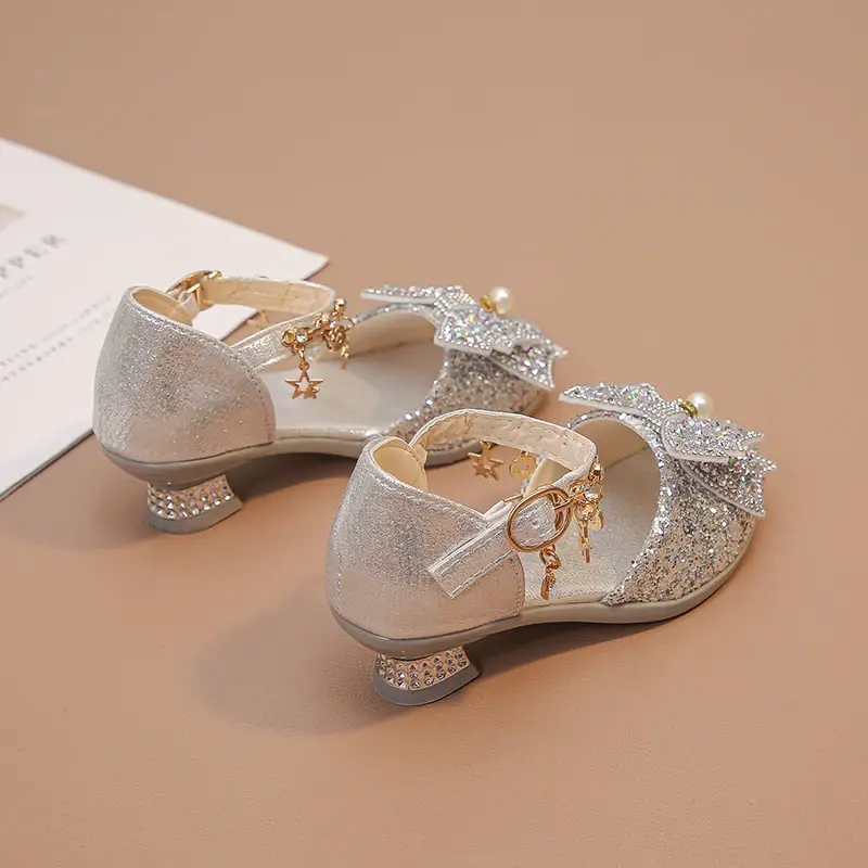 Girls Leather Shoes High Heeled for Wedding Party Glitter Rhinestone with Bow-knot Kids Dress High Heels Pendant Bling Sparkling