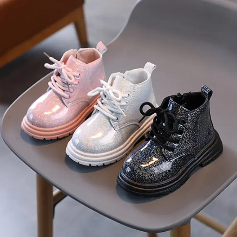 Girls' Boots Spring Autumn Versatile Children Causal Leather Boots Fashion Glossy PU Kids Princess Platform Ankle Boots Non-slip