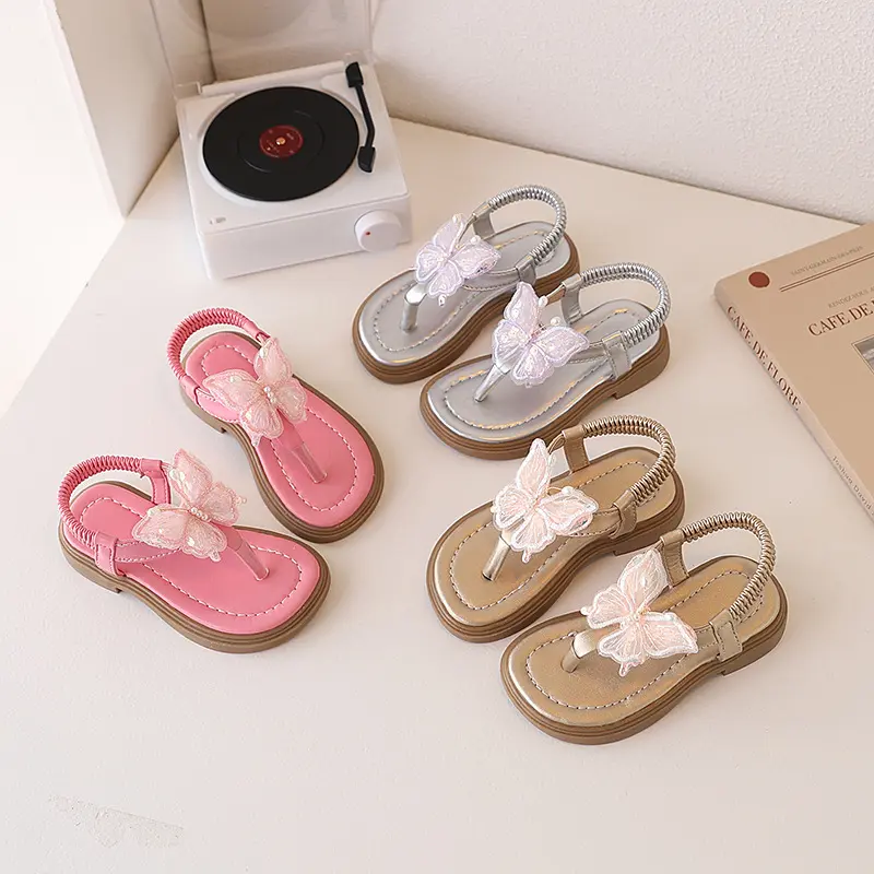 Korean Style Little Girl Sandal Clip-toe Children's Princess Beach Slippers Sweet Lace Butterfly Kids Fashion Flat Sandals New