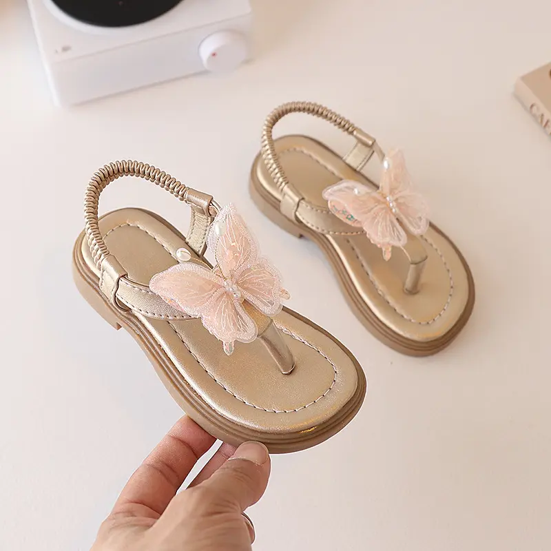 Korean Style Little Girl Sandal Clip-toe Children's Princess Beach Slippers Sweet Lace Butterfly Kids Fashion Flat Sandals New