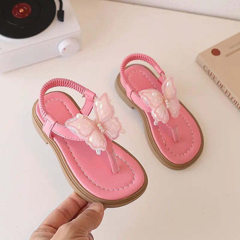 Korean Style Little Girl Sandal Clip-toe Children's Princess Beach Slippers Sweet Lace Butterfly Kids Fashion Flat Sandals New