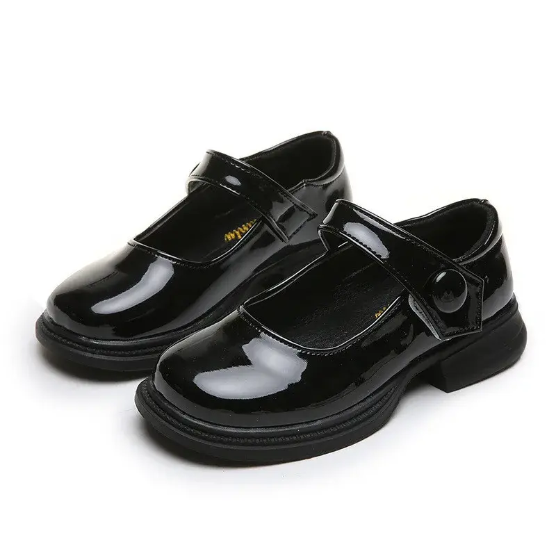 Girls Princess Shoes Glossy 2024 Fashion Soft Sole Kids Leather Flats Korean Style Children Flats Shoes Black Performance Shoes