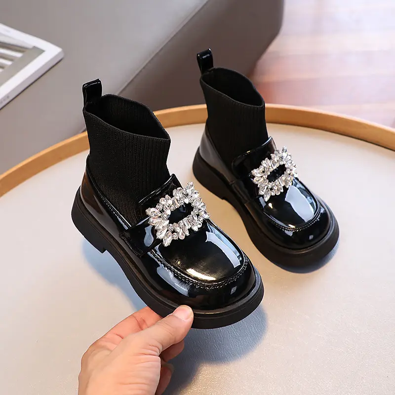 Children Fashion Boots Girls Rhinestone Princess Boots Square Buckle Breathable Kids Sock Shoes 2024 Spring Autumn New
