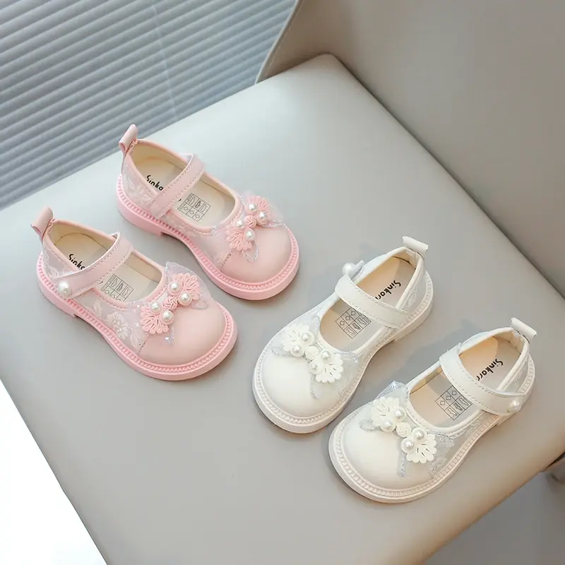 New Girls Leather Shoes for Traditional Holiday Ethnic Kids Casual Shoes with Embroidery Lace Bow-knot with Pearl Princess Sweet