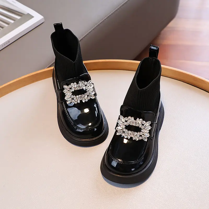 Children Fashion Boots Girls Rhinestone Princess Boots Square Buckle Breathable Kids Sock Shoes 2024 Spring Autumn New