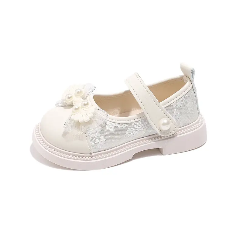New Girls Leather Shoes for Traditional Holiday Ethnic Kids Casual Shoes with Embroidery Lace Bow-knot with Pearl Princess Sweet