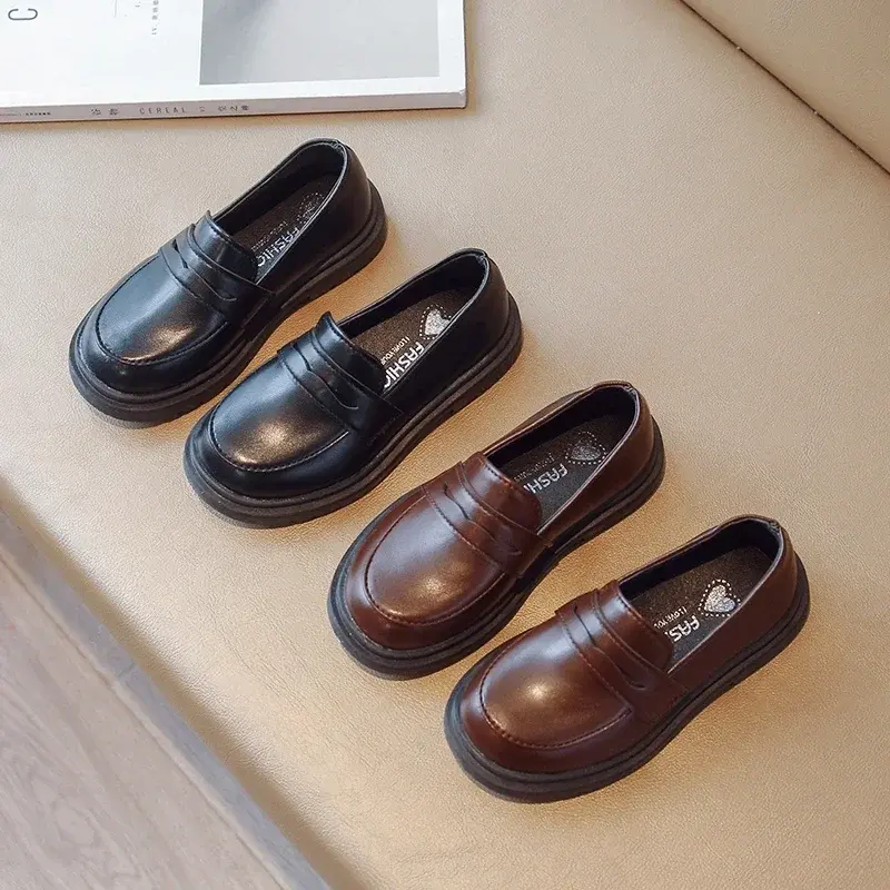 Britain Style Children's Leather Shoes for Boys 2025 Spring New Girls Retro Black Single Shoes Soft Moccasin Shoes for Children
