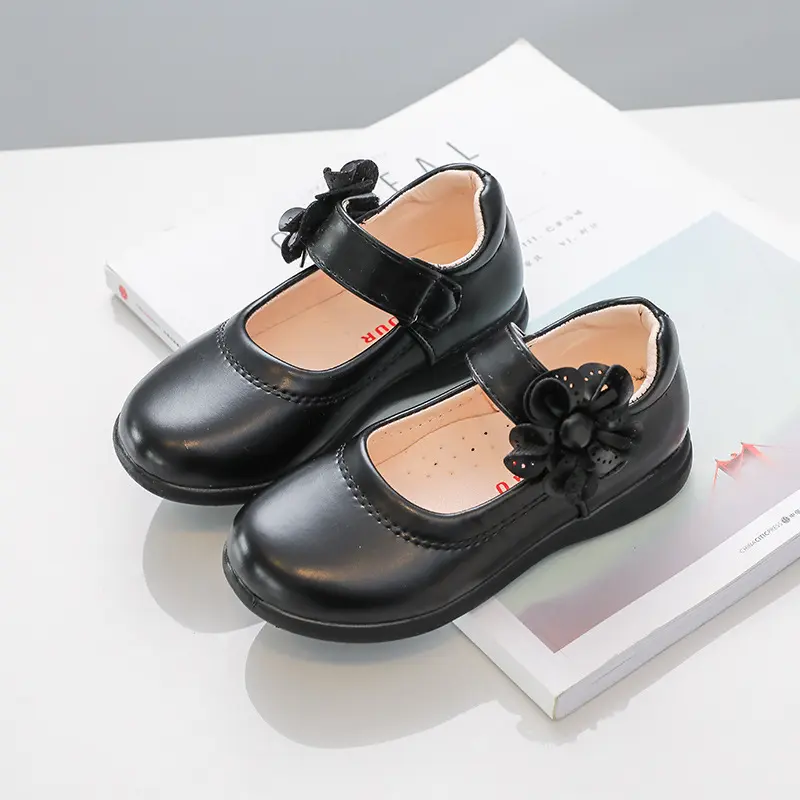 Girls Black Leather Shoes for School Party Flowers Floral Flats for Medium Big Kids Children's Princess Sweet Mary Janes Fashion