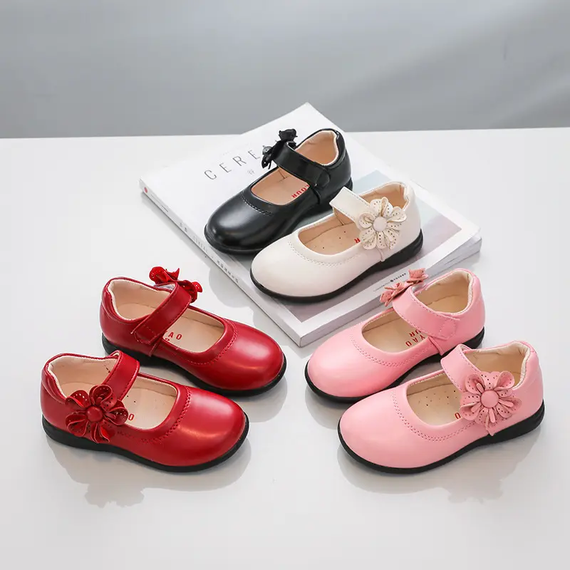 Girls Black Leather Shoes for School Party Flowers Floral Flats for Medium Big Kids Children's Princess Sweet Mary Janes Fashion