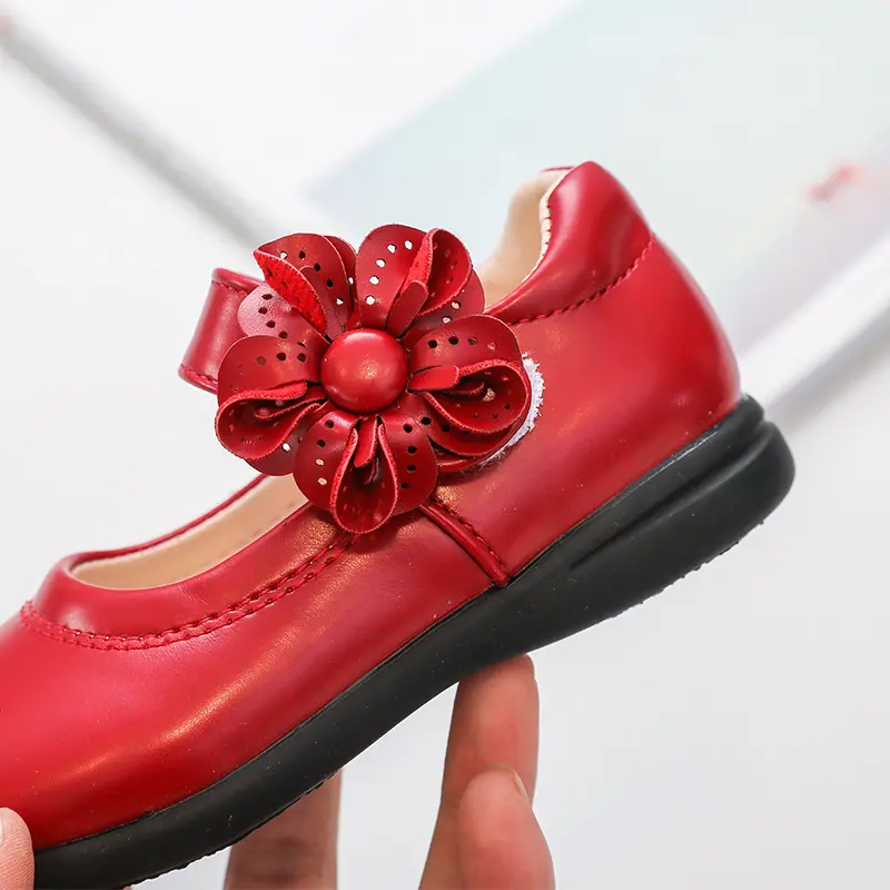 Girls Black Leather Shoes for School Party Flowers Floral Flats for Medium Big Kids Children's Princess Sweet Mary Janes Fashion