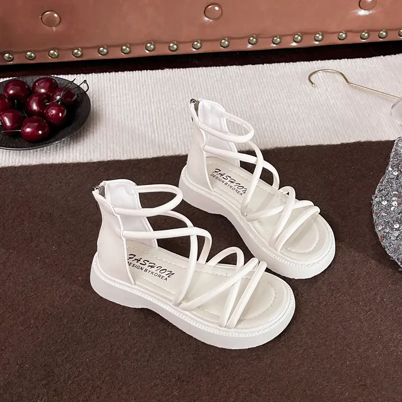 2025 New Girls Fashion Gladiator Sandals Black Beige Children's Summer Sandals Open-toe High-top Kids Causal Beach Roman Shoes
