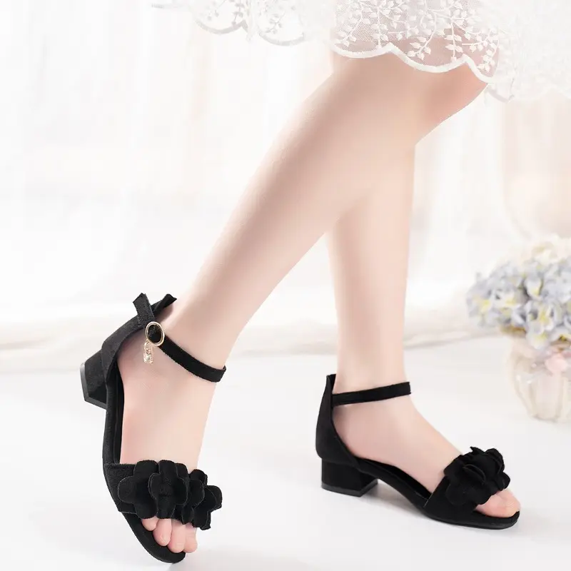 Children Princess Sandals Girls Suede Flowers Dress Shoes Kids Low Heels Sweet Performance Shoes Classic Size 26-37 Summer