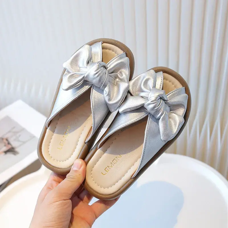 Toddler Girls Slippers Outdoors Big Bow Korean Style Kids Princess Shoes Solid Color 2025 Summer New Children Sandals Soft Sole