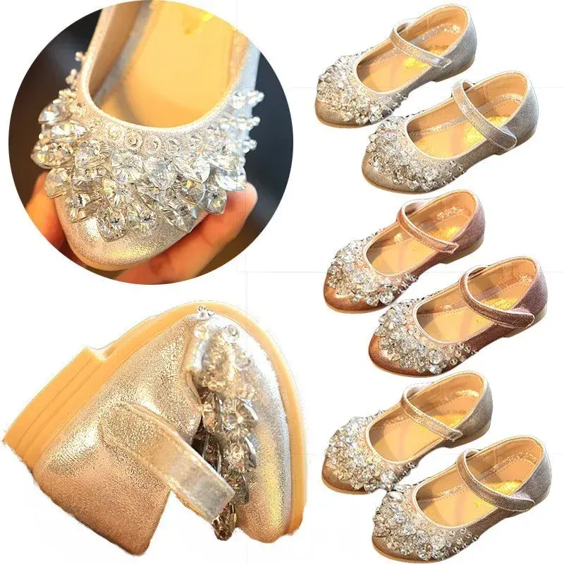 Girls Crystal Shiny Princess Shoes Kids Sweet Flats Performance Shoes Fashion Children's Leather Shoes for Party Wedding