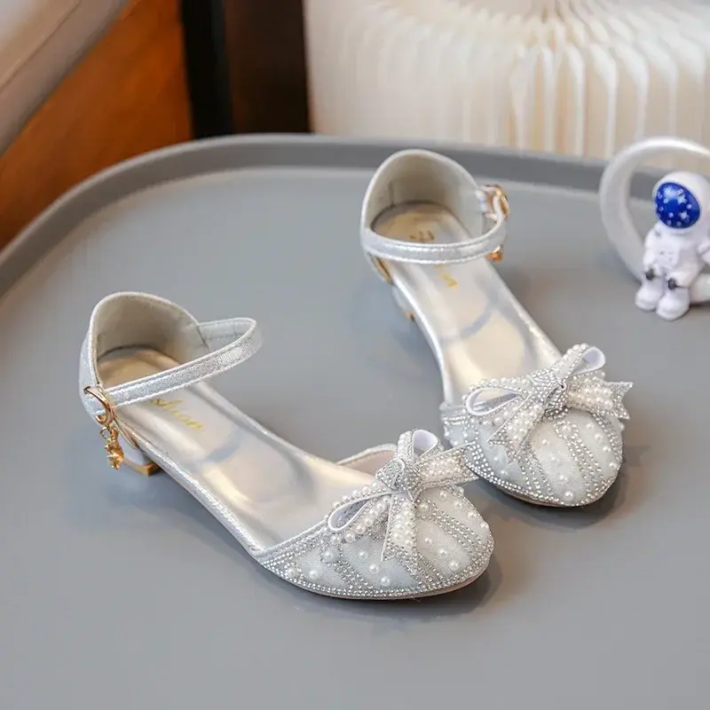 Girls' Bow Sandals Fashion Princess Shoes for Party Wedding 2025 Summer New Kids Rhinestone High Heels Children's Leather Shoes