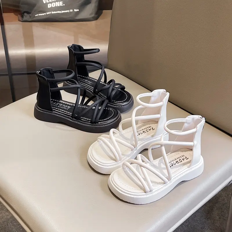 2025 New Girls Fashion Gladiator Sandals Black Beige Children's Summer Sandals Open-toe High-top Kids Causal Beach Roman Shoes