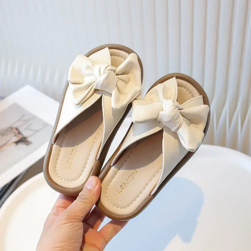 Toddler Girls Slippers Outdoors Big Bow Korean Style Kids Princess Shoes Solid Color 2025 Summer New Children Sandals Soft Sole