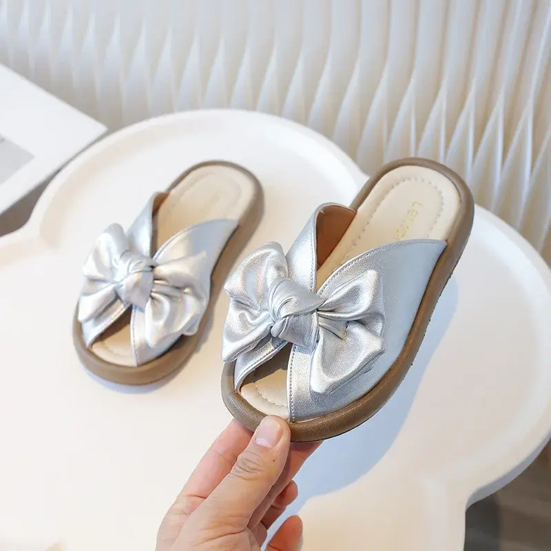 Toddler Girls Slippers Outdoors Big Bow Korean Style Kids Princess Shoes Solid Color 2025 Summer New Children Sandals Soft Sole