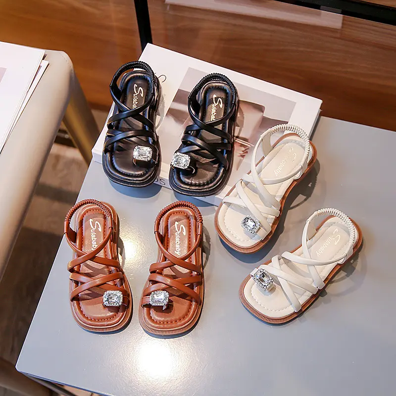 Summer Girls Flat Sandals Fashion Rhinestone Kids Clip-toe Slippers Non-slip Versatile Children Causal Beach Shoes Hollow-out