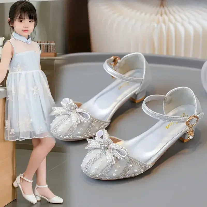 Girls' Bow Sandals Fashion Princess Shoes for Party Wedding 2025 Summer New Kids Rhinestone High Heels Children's Leather Shoes