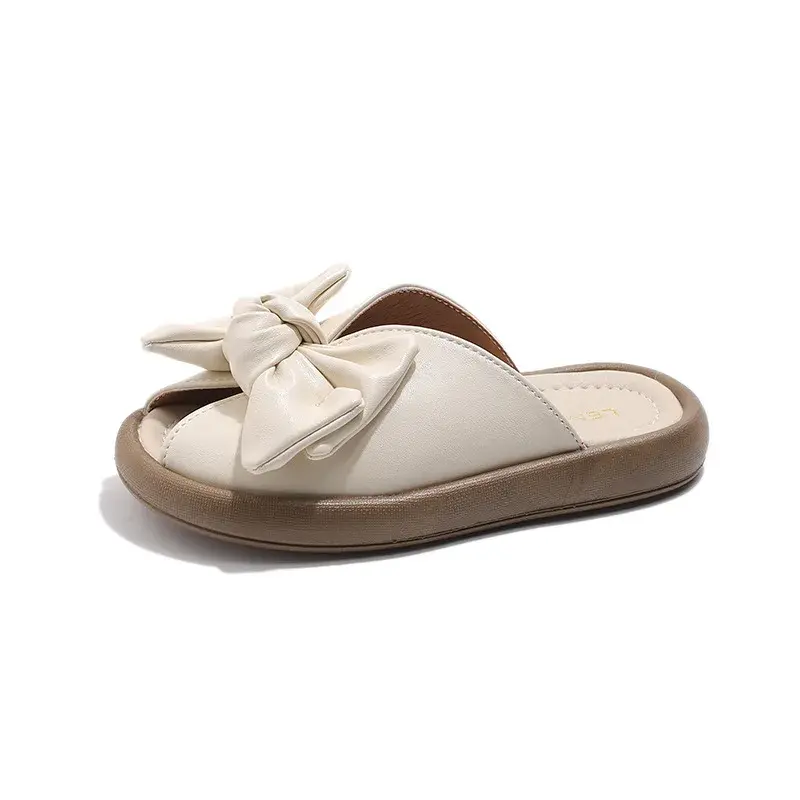 Toddler Girls Slippers Outdoors Big Bow Korean Style Kids Princess Shoes Solid Color 2025 Summer New Children Sandals Soft Sole