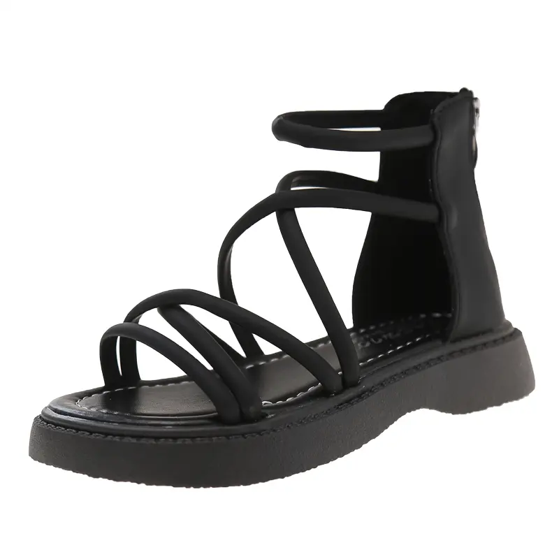 2025 New Girls Fashion Gladiator Sandals Black Beige Children's Summer Sandals Open-toe High-top Kids Causal Beach Roman Shoes