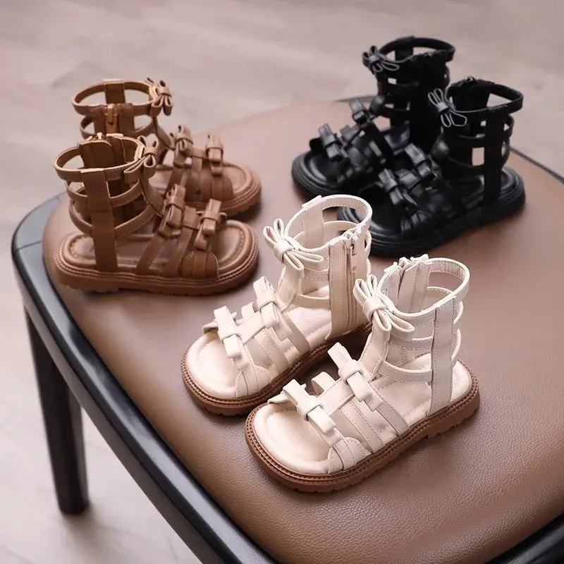 2025 Children High-top Sandals for Girls Summer New Fashion Korean Style Soft Bottom Anti-slippery Princess Bowtie Beach Shoes