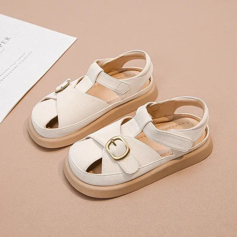 Kids Leather Shoes Non-slip Minimalism 2025 New Fashion Boys Girls Beach Shoes Hollowed-out Children Sandals Soft Sole Ins Trend