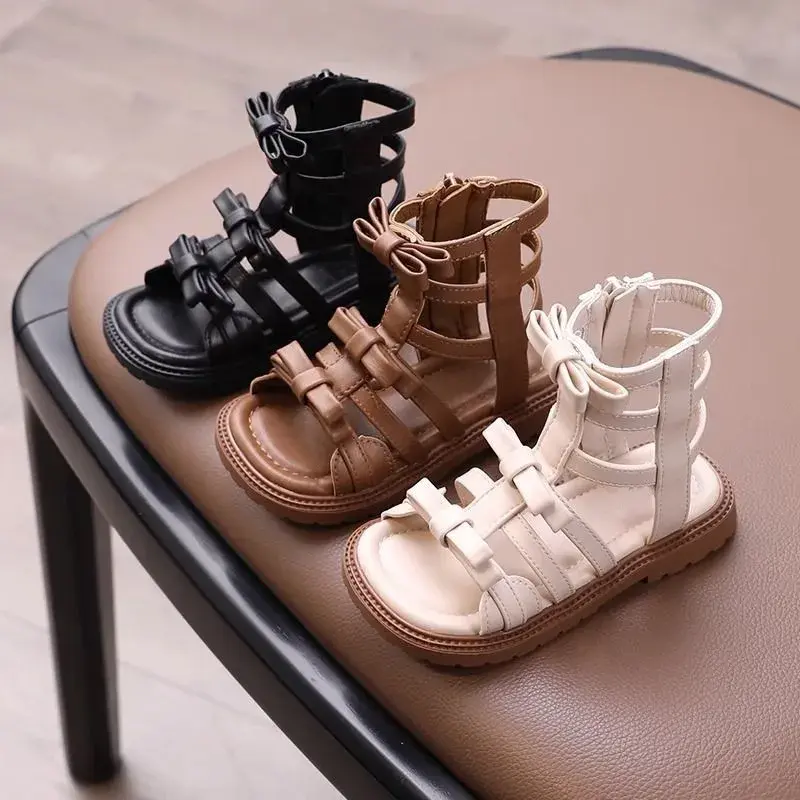 2025 Children High-top Sandals for Girls Summer New Fashion Korean Style Soft Bottom Anti-slippery Princess Bowtie Beach Shoes