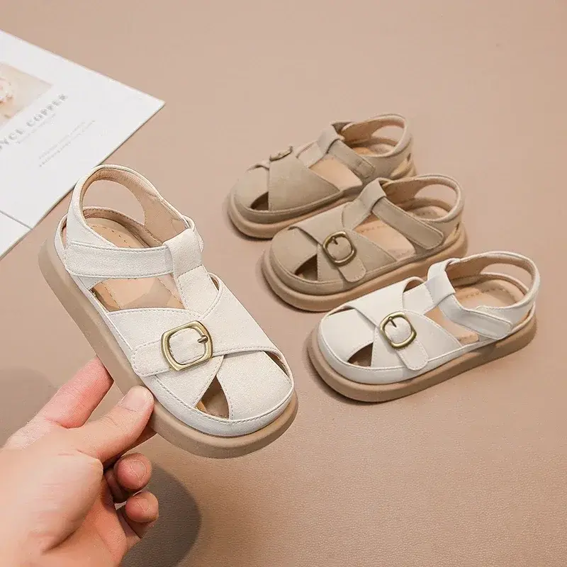 Kids Leather Shoes Non-slip Minimalism 2025 New Fashion Boys Girls Beach Shoes Hollowed-out Children Sandals Soft Sole Ins Trend