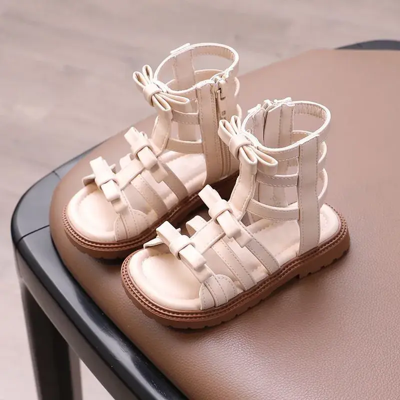 2025 Children High-top Sandals for Girls Summer New Fashion Korean Style Soft Bottom Anti-slippery Princess Bowtie Beach Shoes