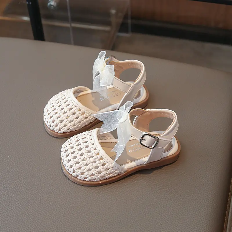 Chic Children's Sandals Summer New Elegant Girls Princess Shoes Woven Style Beach Causal Kids Flat Sandals Solid Color Versatile
